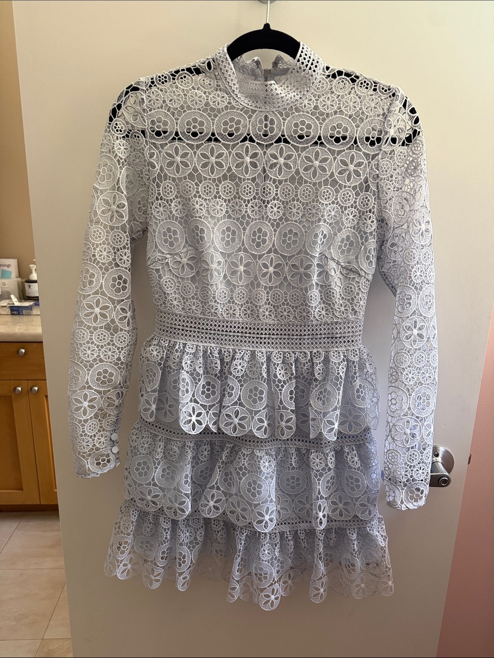Self-Portrait Blue Floral Guipure Lace Tiered Long-Sleeve Mini Dress